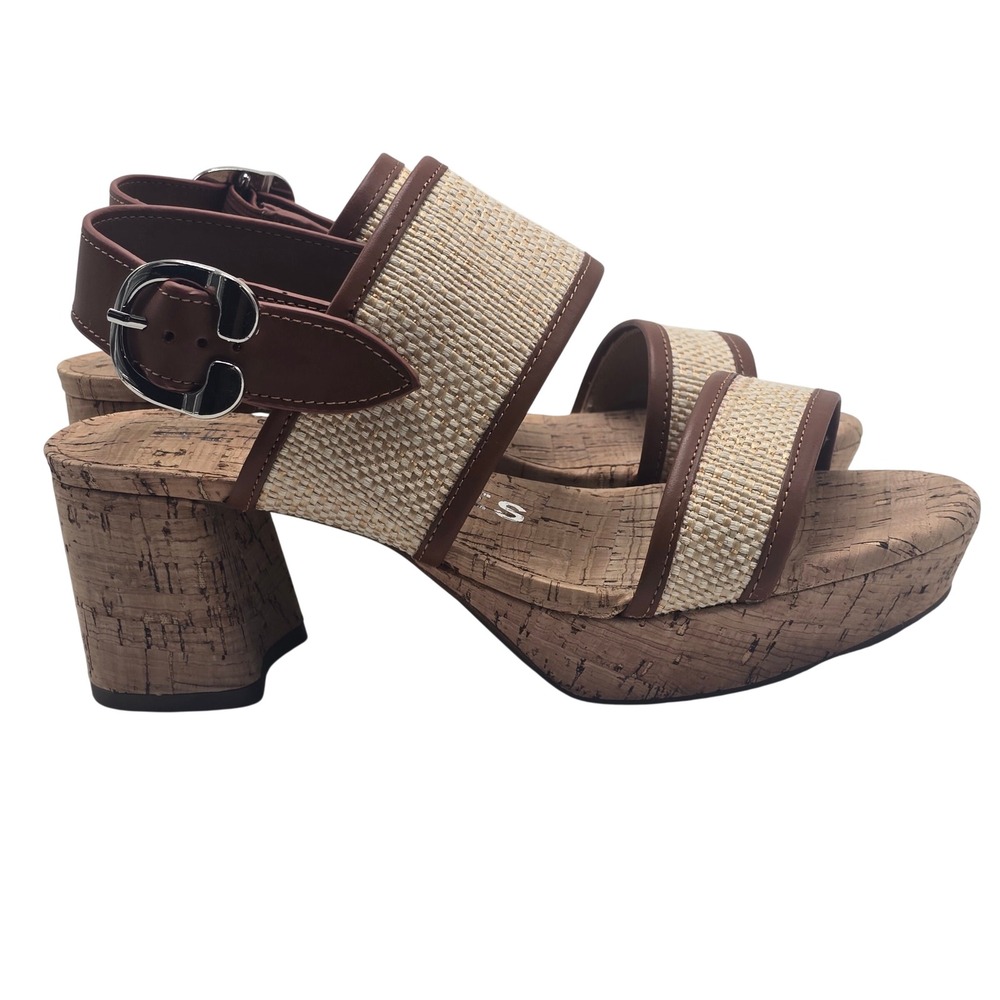Aerosoles Camera Platform Sandals Womens 7.5W Tan Brown Woven Cork Block Heel